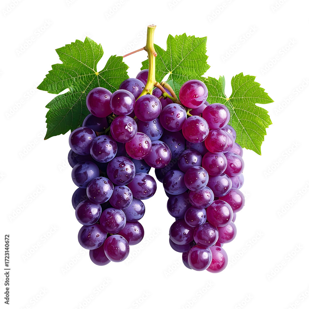 Fototapeta premium A vibrant cluster of dark purple grapes, plump and juicy, hangs from a vine with lush green leaves, isolated against a black background