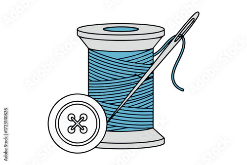 Spool of blue thread with needle and button isolated on Transparent Background