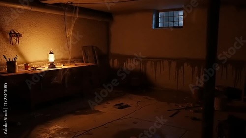 Dimly lit basement with a wooden table, lantern casting shadows, cobwebs in corners
