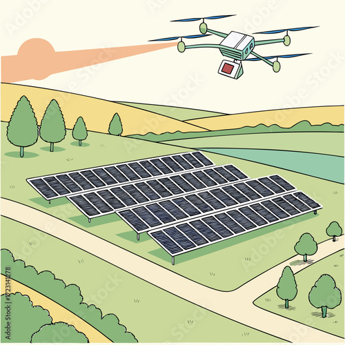 A drone equipped with a camera inspects a large solar panel array in a rural landscape under a warm sun