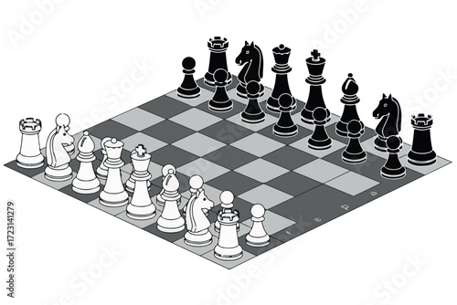Chessboard with black and white pieces set up for a game