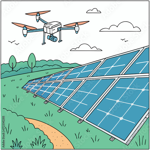 A drone equipped with a camera flies over a large solar panel farm on a sunny day