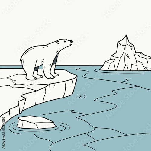 A lone polar bear stands on a melting ice floe surrounded by frigid arctic waters and icebergs