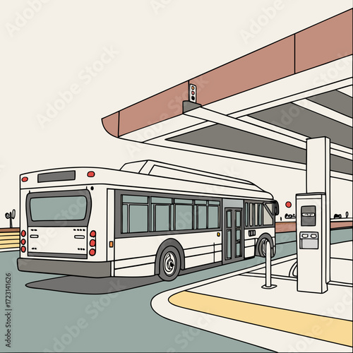 Modern white city bus parked at a bus stop shelter with a ticket machine and yellow safety line