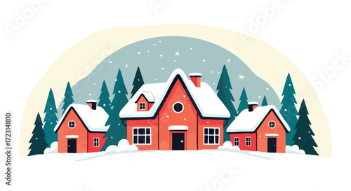 Charming winter village scene with cozy homes and snowy trees, perfect for holiday greetings and seasonal designs with a touch of festive joy