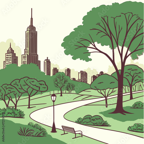 Stylized illustration of a city park with a prominent skyscraper in the background and a winding path