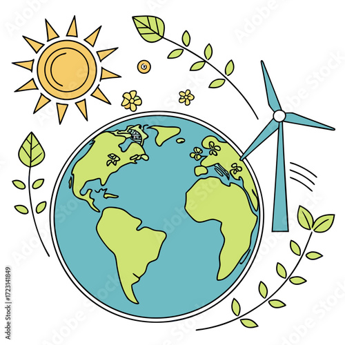 Stylized illustration of planet earth with sun wind turbine leaves and flowers representing environmental protection and renewable energy