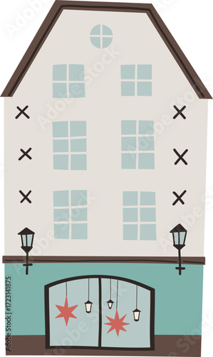 A stylized building with windows and a storefront