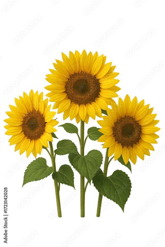 Fototapeta premium Three sunflowers growing on transparent background