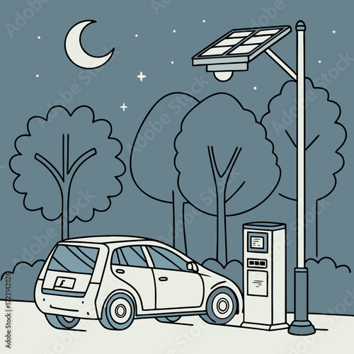 Eco friendly electric car charging at a solar powered station under the night sky with moon and stars