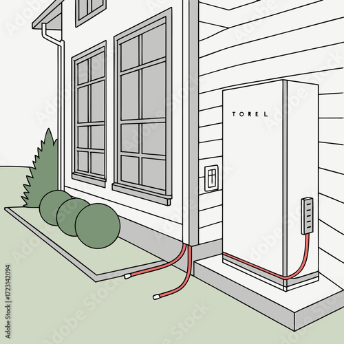 Illustration of a modern home exterior featuring a white battery storage unit connected to the house with red cables
