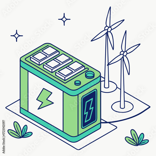 Illustration of a large green battery with lightning bolt symbol connected to wind turbines generating clean energy