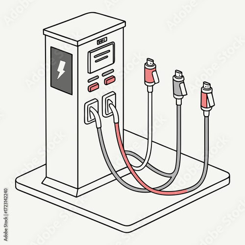 Modern electric vehicle charging station with multiple charging cables and connectors ready for use