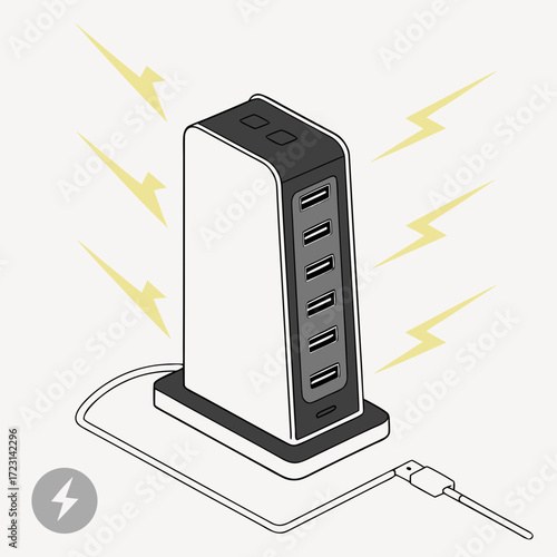 Modern multi port usb charging station hub with multiple devices charging simultaneously illustration