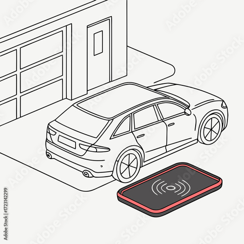 Modern electric car parked in front of a garage with a wireless charging pad on the ground