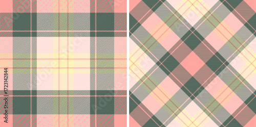 Elegant textile design featuring two seamless plaid patterns. Soft pinks, yellows, and greens create a calm, versatile backdrop. Ideal for crafts, fashion  design projects.