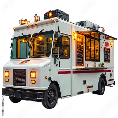  Fully equipped food truck at night with open service window, cut out on transparent background.png