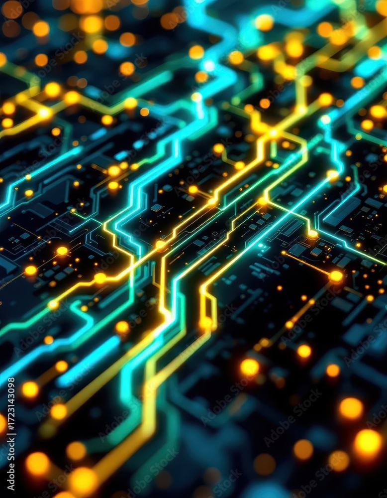 Fototapeta premium Intricate circuit board design with vibrant turquoise and gold glowing pathways, creating a futuristic and technological aesthetic.