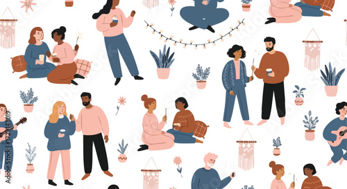 Cozy friends and couples sharing joyful moments with sparklers and warm drinks in a hygge inspired home setting