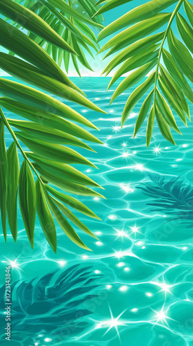 Lush green palm leaves frame a shimmering turquoise sea, creating a vibrant tropical atmosphere with sparkling reflections and serene beauty
