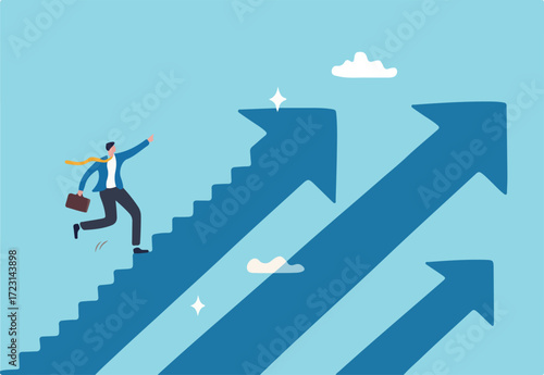 Business growth and career path, climb up ladder of success or staircase to grow up, ambition and leadership to achieve target concept, confidence businessman walk or stepping up growth arrow stair.