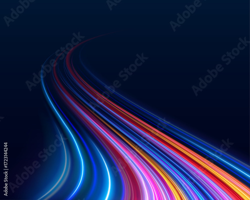 Bright streaks spiral upward in a dynamic dance of neon light. The energy flows smoothly like a high-speed network. A vivid tribute to digital motion.