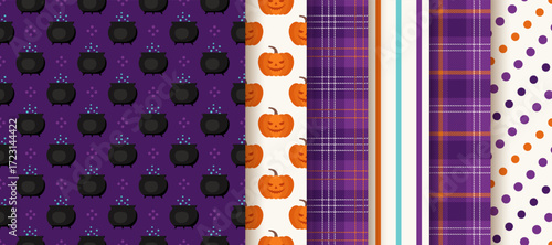 Halloween seamless patterns. Haloween backgrounds. Set holiday prints with pumpkin, cauldron, polka dot, check, stripe. Orange purple wrapping papers. Geometric textile textures. Vector Illustration