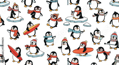 Adorable cartoon penguins in winter scarves and hats enjoying various activities like surfing and holding gifts on ice floes