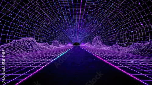 Fototapeta Naklejka Na Ścianę i Meble -  Futuristic Neon Tunnel with Abstract Grids and Vibrant Light Patterns in a Cyberpunk Landscape