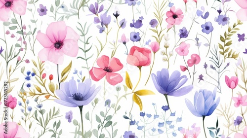 watercolor blue, purple and pink floral pattern