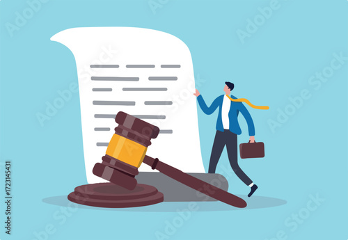 Legal document, attorney or court professional office, law and judgment approval paper concept, mature lawyer holding legal document with a gavel hammer symbol of court or judgement.