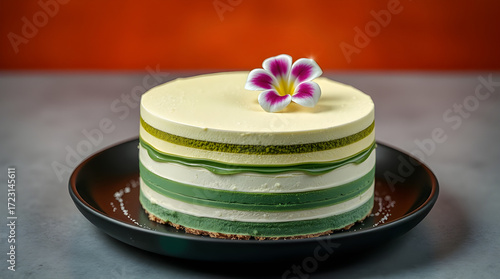 Elegant Multi-Layered Matcha Mousse Cake with Tropical Flower Garnish, Presented on a Black Plate Against a Striking Orange and Gray Background