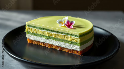 Elegant Slice of Multi-Layered Green Mousse Cake with Tropical Flower Garnish, Presented on a Black Plate in Bright Natural Window Light