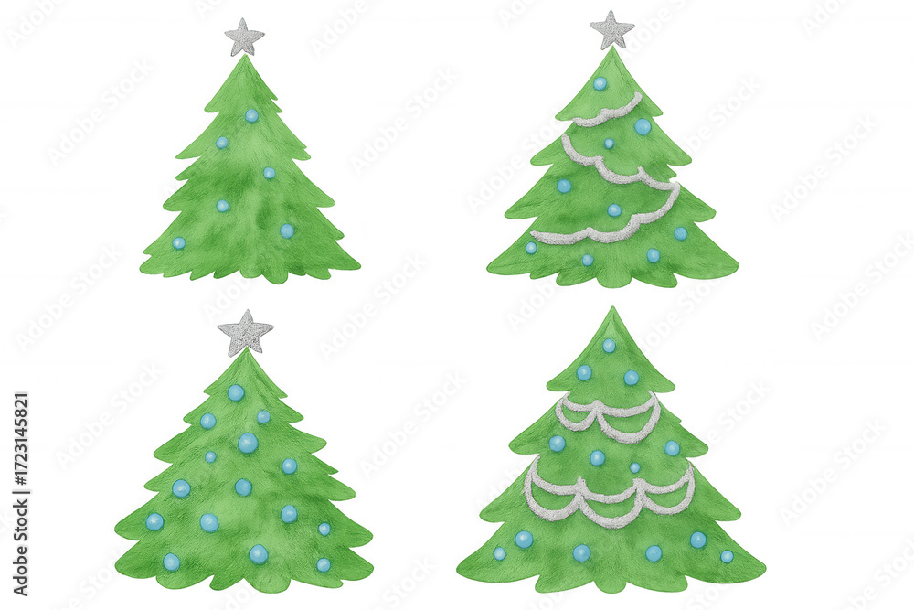 Fototapeta premium Christmas trees watercolor set with star and ornaments, holiday season decoration, celebrating winter festive event
