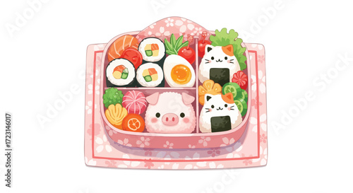 Delightful Japanese bento box filled with sushi, onigiri, and whimsical character shapes perfect for kids' lunchboxes and cute food designs
