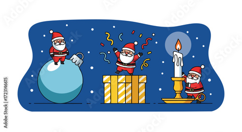 Joyful Santa Claus characters celebrating Christmas joy with festive ornaments, gifts, and candlelight under a starry night sky