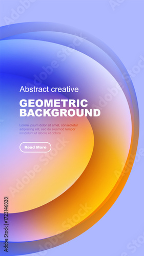 Abstract geometric background features vibrant color gradients. Text sample present with button for more information. Modern design.