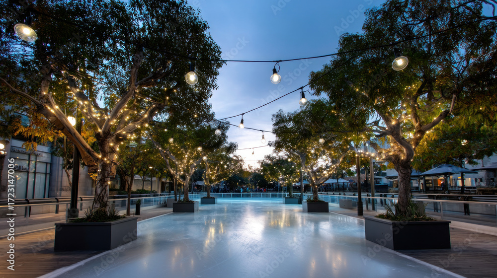 Naklejka premium An outdoor ice skating rink surrounded by trees and lights, with a clear sky above for text. Merry Christmas and Happy Holidays greeting card, frame, and