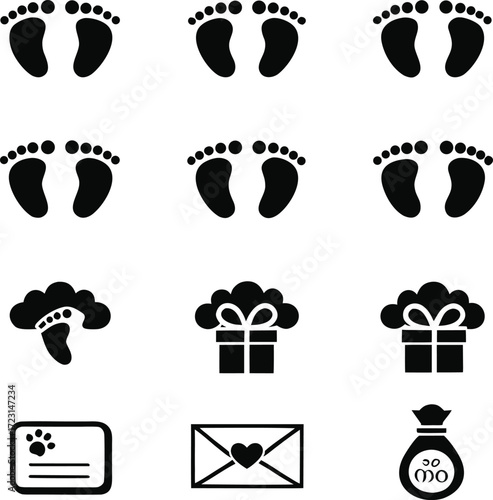 baby, shower, gift, newborn, icon, set, glyph, celebration, party, love, family, invitation, card, present, birth, child, kid, infant
