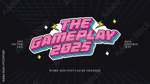 Editable retro gaming text effect template in EPS vector format. Perfect for game title design, poster, flyer, banner, and YouTube thumbnail. Bold and  typography inspired by arcade style