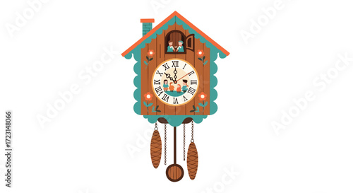 Charming wooden cuckoo clock with whimsical figures and pinecone weights, perfect for adding rustic charm to any home decor project.