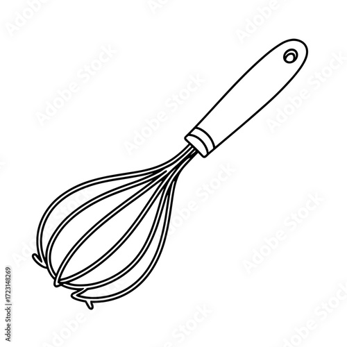 Kitchen whisk with a wooden handle in minimalist line art style  