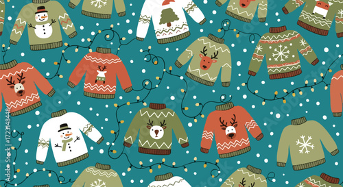 Whimsical festive Christmas sweaters with playful snowmen, reindeer, and snowflakes scattered across a teal background with twinkling lights