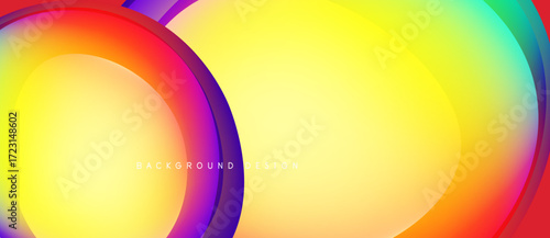 Abstract colorful design features overlapping curved shapes. Gradient hues blend smoothly, creating dynamic visual effect. Modern background.