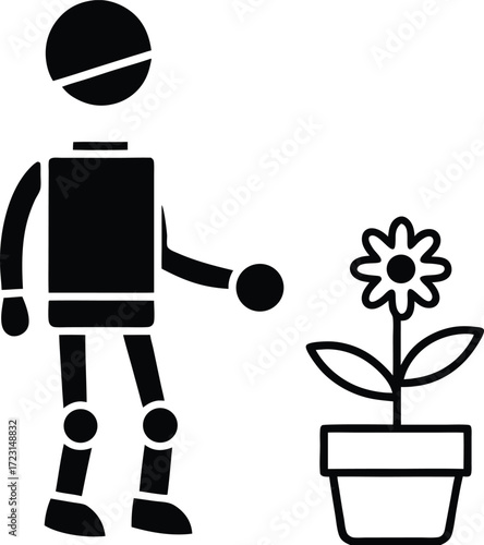 robot gardener planting solar powered flowers line art