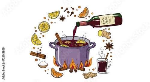 Pouring mulled wine into a pot with cinnamon, orange, and ginger for a cozy holiday beverage that warms the soul on a cold winter day