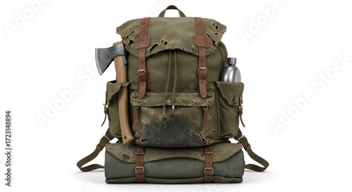 A tattered survival backpack, centered on white surface
