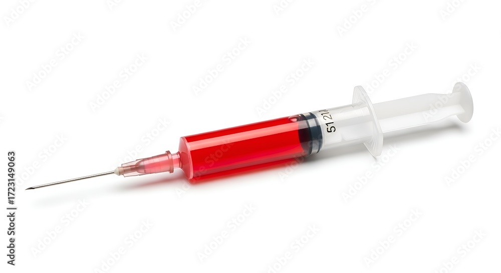 Fototapeta premium A medical syringe with a red liquid inside, isolated on clean surface