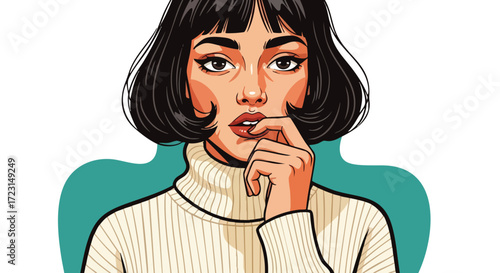 Thoughtful woman with stylish bob contemplates decisions in a modern setting, perfect for blogs, articles, or creative projects needing a touch of elegance