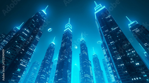 City of Lights: An awe-inspiring perspective on towering skyscrapers with luminous blue lighting piercing through the darkness, reflecting the vibrant spirit of the urban landscape.